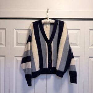 THE GREAT. Navy and Cream Striped Cardigan